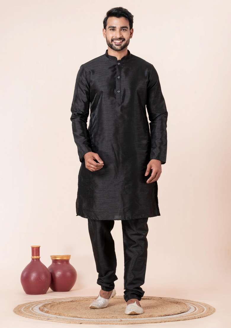 Black Solid Silk Blend Kurta For Men - Indya