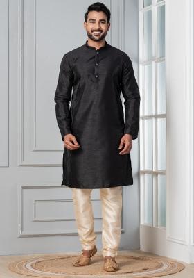 Black Solid Silk Blend Kurta Churidar Set For Men