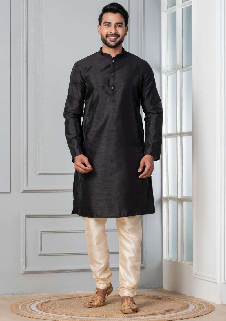 Black Solid Silk Blend Kurta Churidar Set For Men - Indya