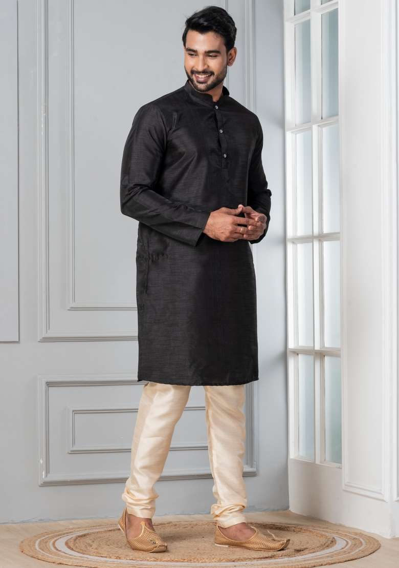 Black Solid Silk Blend Kurta Churidar Set For Men - Indya