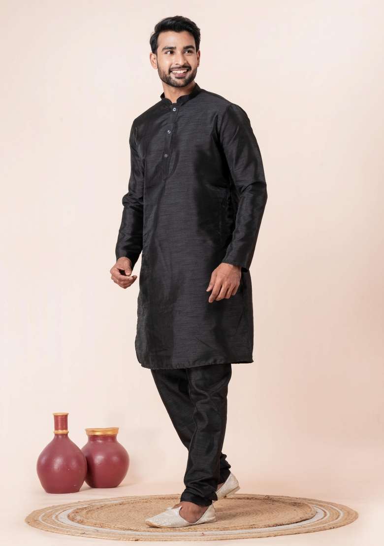 Black Solid Silk Blend Kurta Churidar Set For Men - Indya