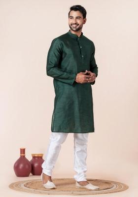 Dark Green Solid Silk Blend Kurta Churidar Set For Men
