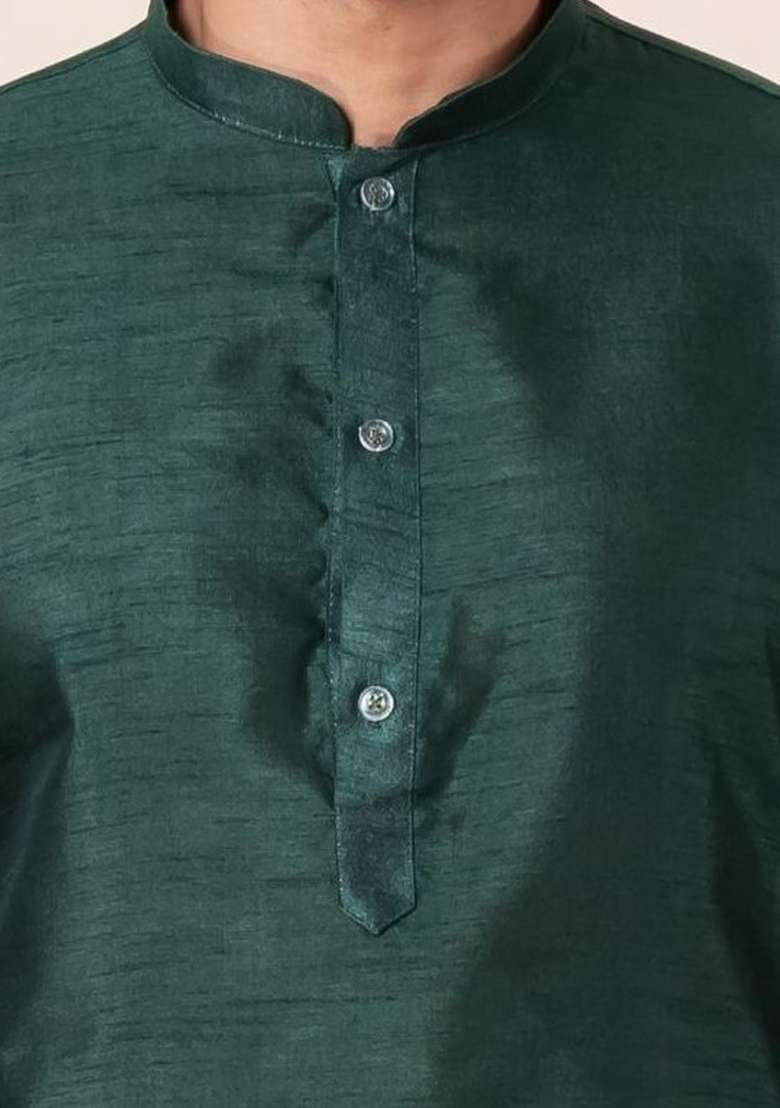 Dark Green Solid Silk Blend Kurta Churidar Set For Men - Indya