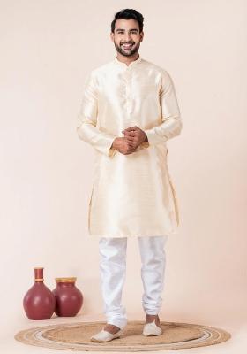 Beige Solid Silk Blend Kurta Churidar Set For Men