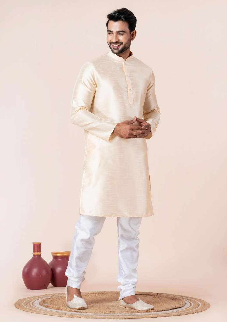Beige Solid Silk Blend Kurta Churidar Set For Men - Indya