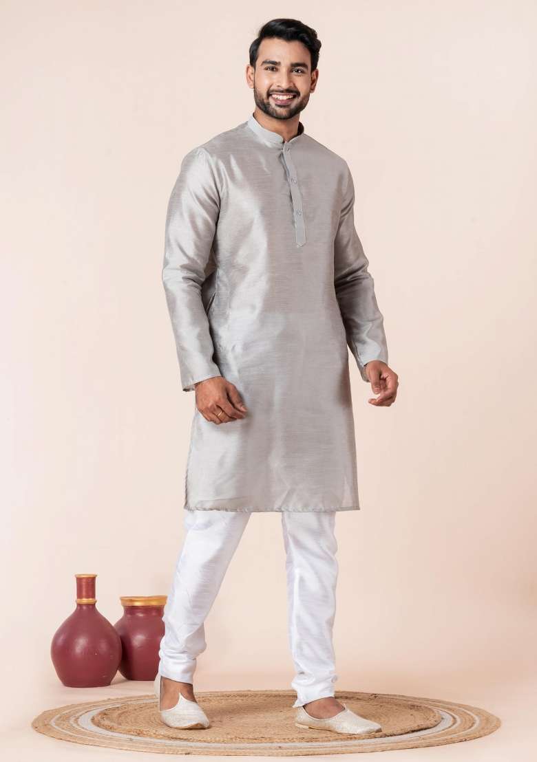 Grey Solid Silk Blend Kurta For Men - Indya