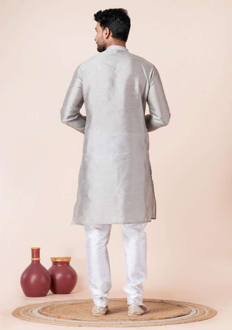 Grey Solid Silk Blend Kurta For Men - Indya