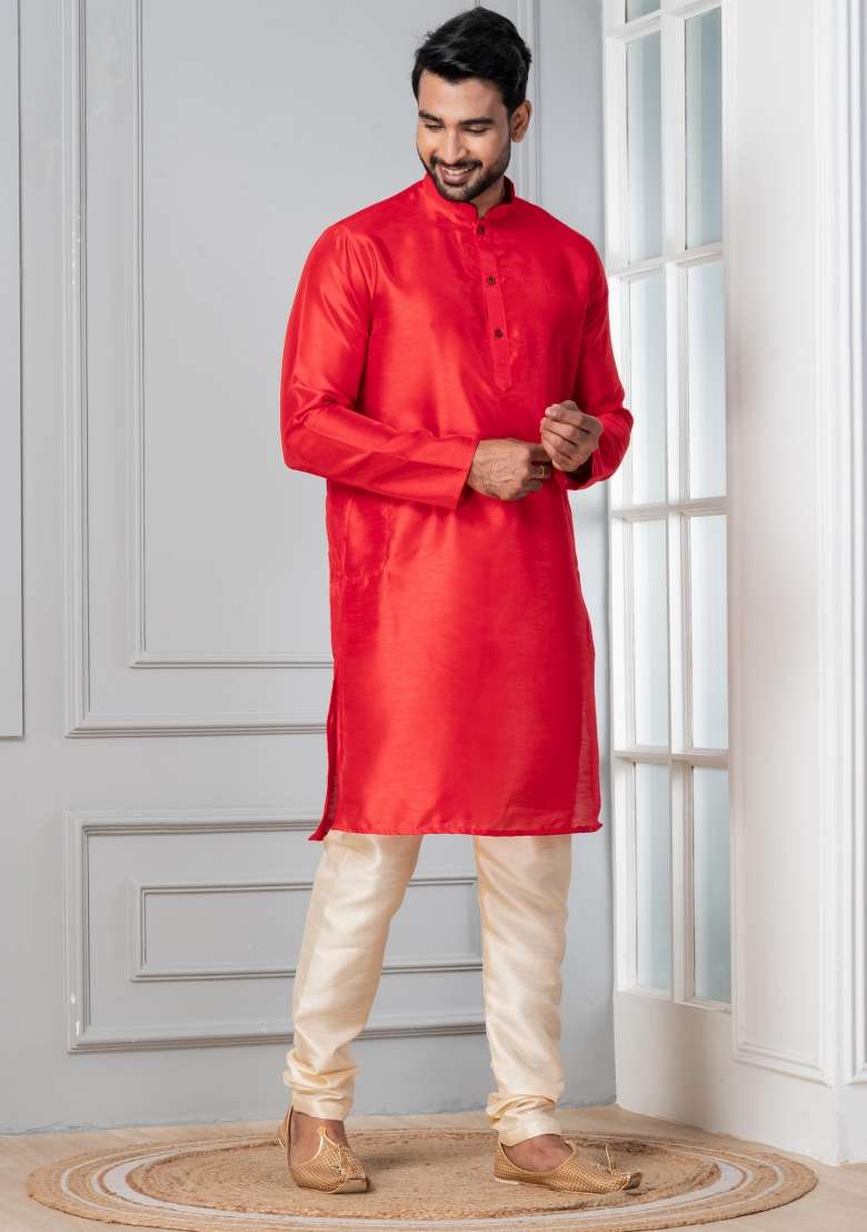 Red Solid Silk Blend Kurta For Men - Indya