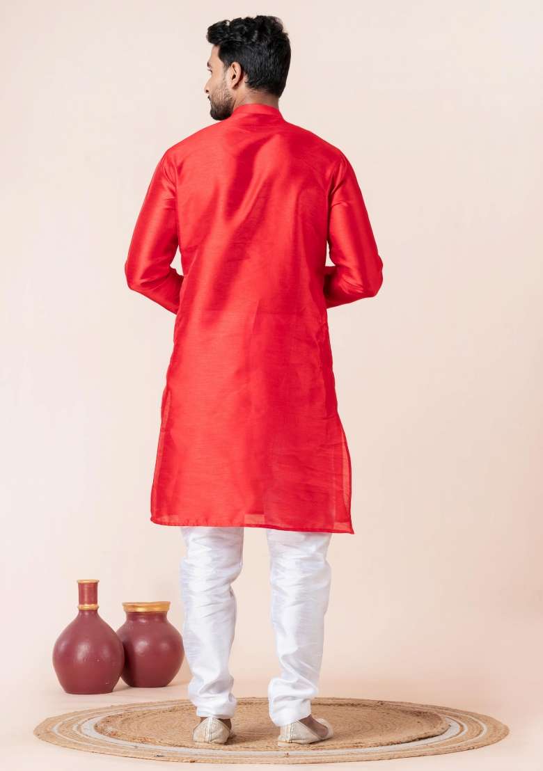 Red Solid Silk Blend Kurta Churidar Set For Men - Indya