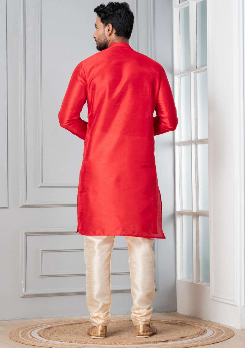 Red Solid Silk Blend Kurta Churidar Set For Men - Indya