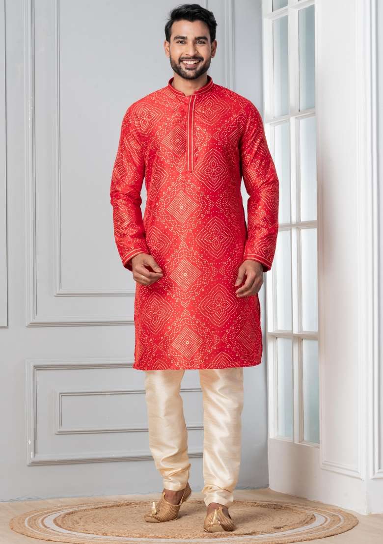 Red Printed Silk Blend Kurta For Men - Indya