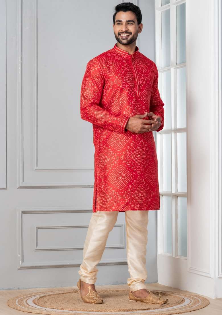 Red Printed Silk Blend Kurta For Men - Indya