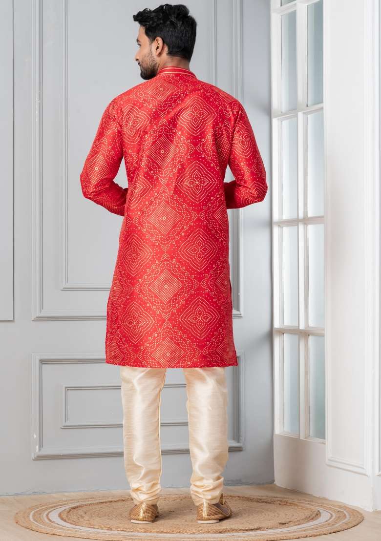 Red Printed Silk Blend Kurta For Men - Indya