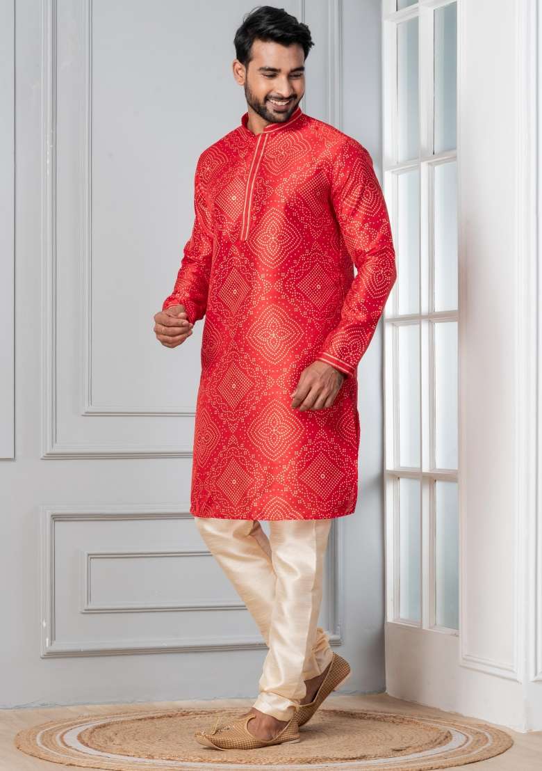 Red Printed Silk Blend Kurta For Men - Indya