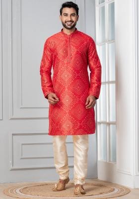 Red Printed Silk Kurta Churidar Set For Men