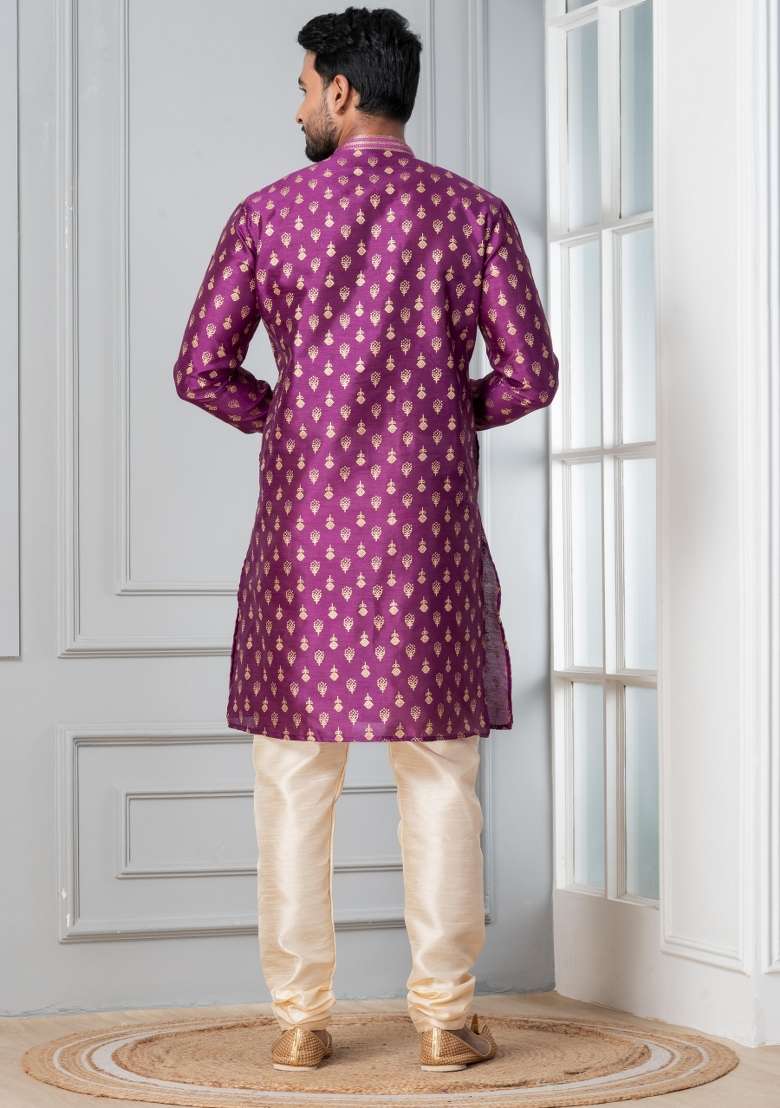 Purple Printed Silk Blend Kurta For Men - Indya