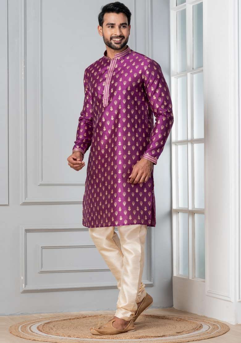 Purple Printed Silk Blend Kurta For Men - Indya