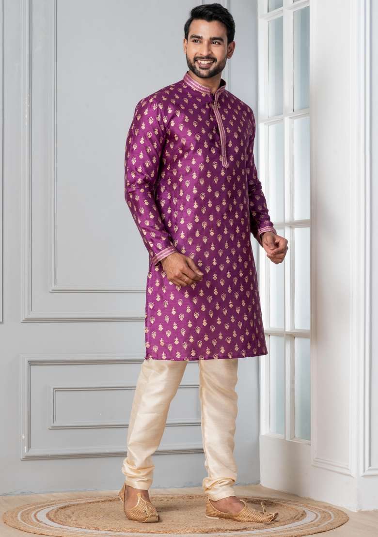 Purple Printed Silk Blend Kurta Churidar Set For Men - Indya