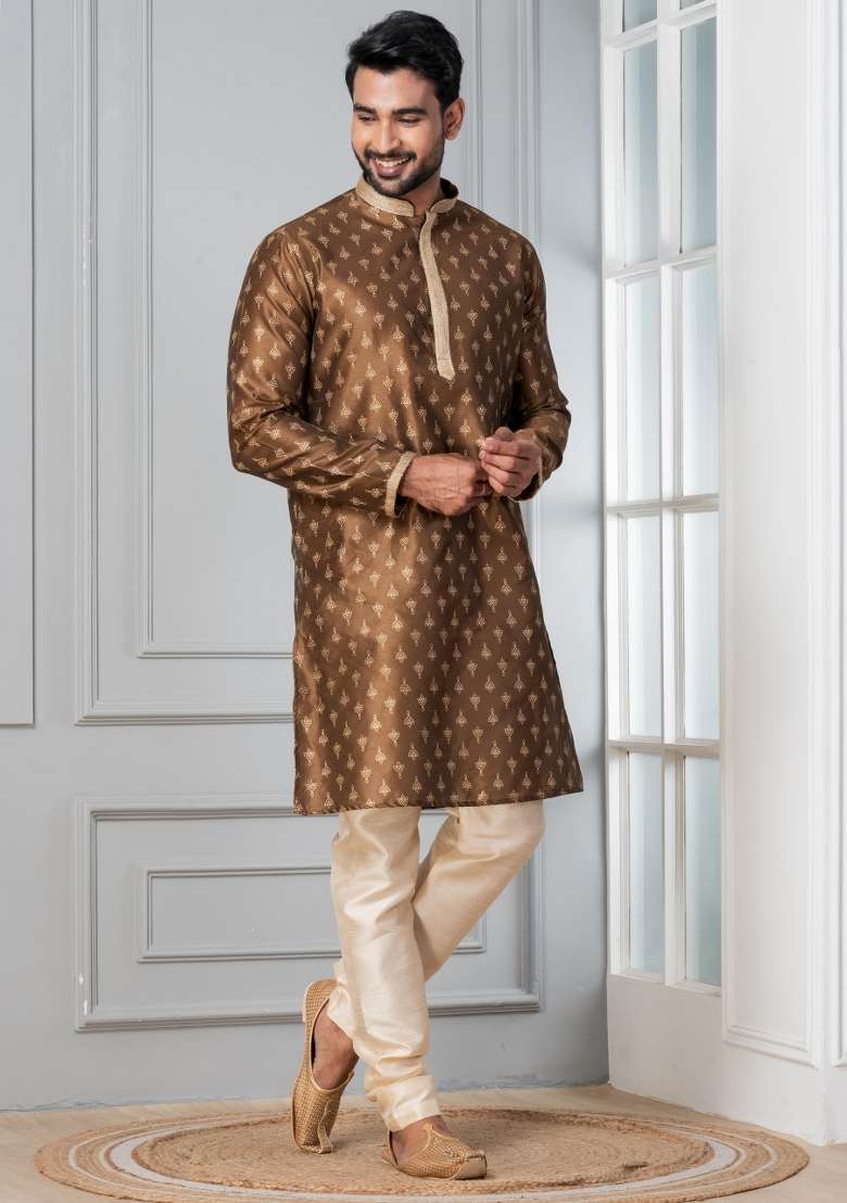 Brown Printed Silk Blend Kurta For Men - Indya