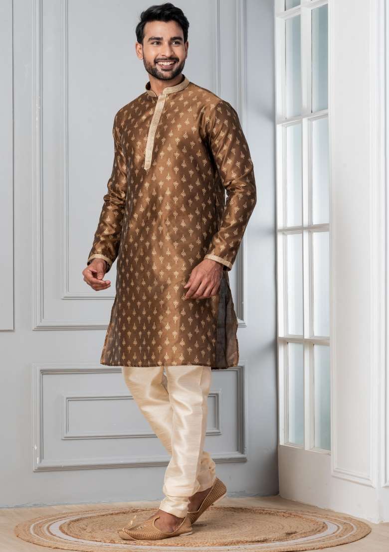 Brown Printed Silk Blend Kurta For Men - Indya
