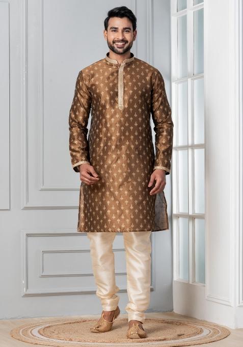 Brown Printed Silk Kurta Churidar Set For Men