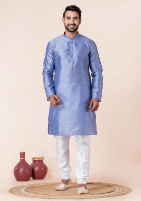 Sky Blue Solid Silk Blend Kurta Churidar Set For Men