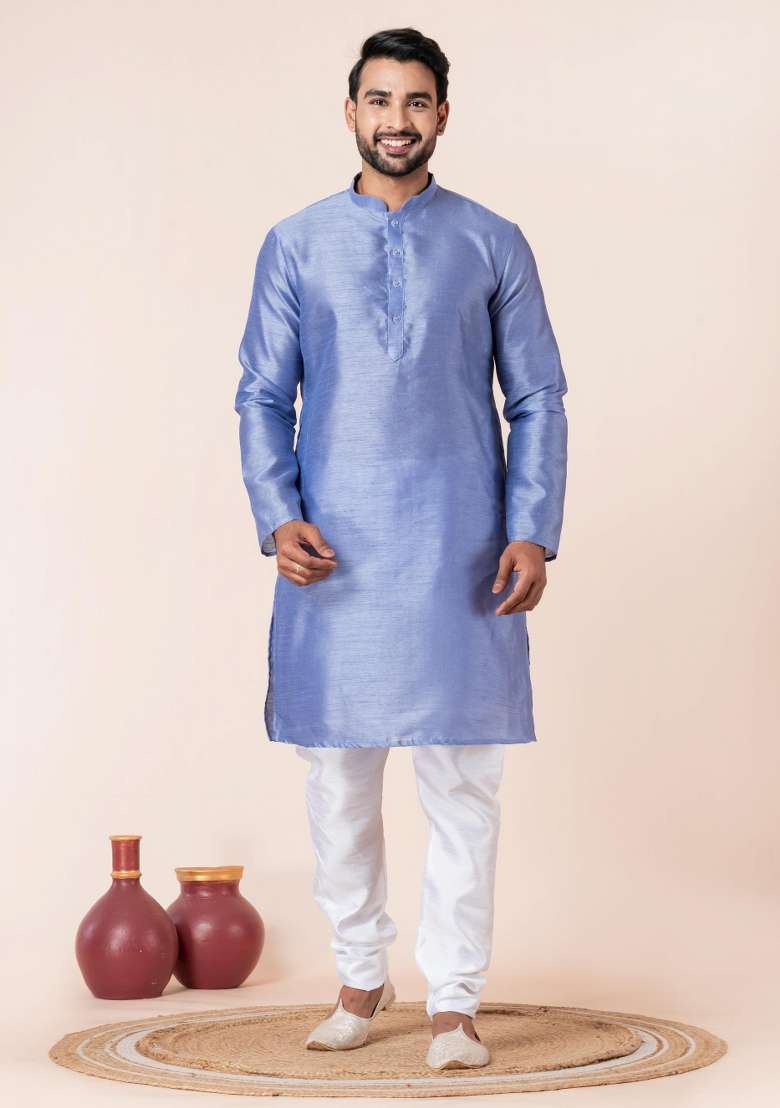 Sky Blue Solid Silk Blend Kurta Churidar Set For Men - Indya