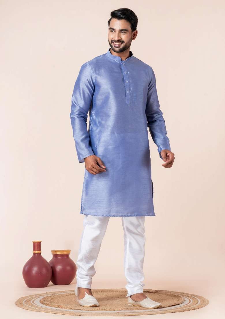 Sky Blue Solid Silk Blend Kurta Churidar Set For Men - Indya