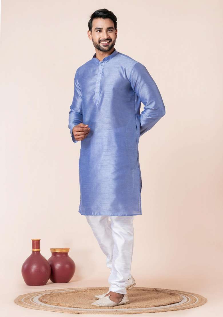 Sky Blue Solid Silk Blend Kurta Churidar Set For Men - Indya