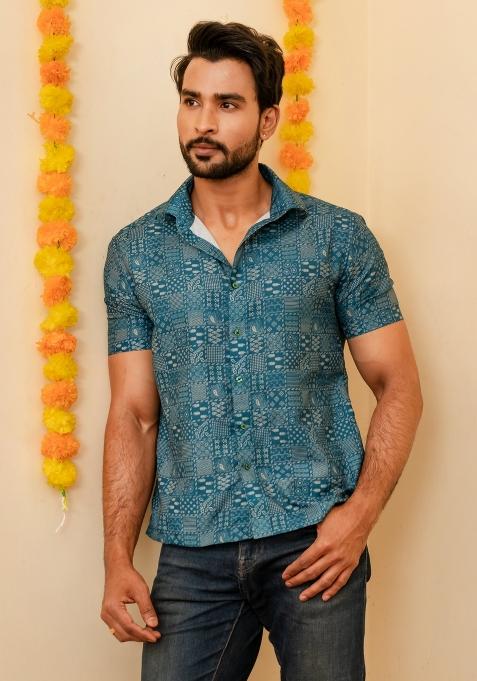 Teal Blue Geometric Rayon Shirt For Men