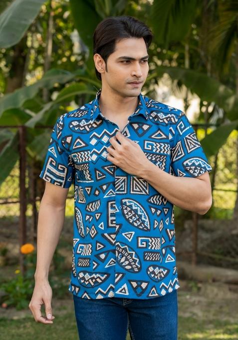 Blue Printed Rayon Shirt For Men