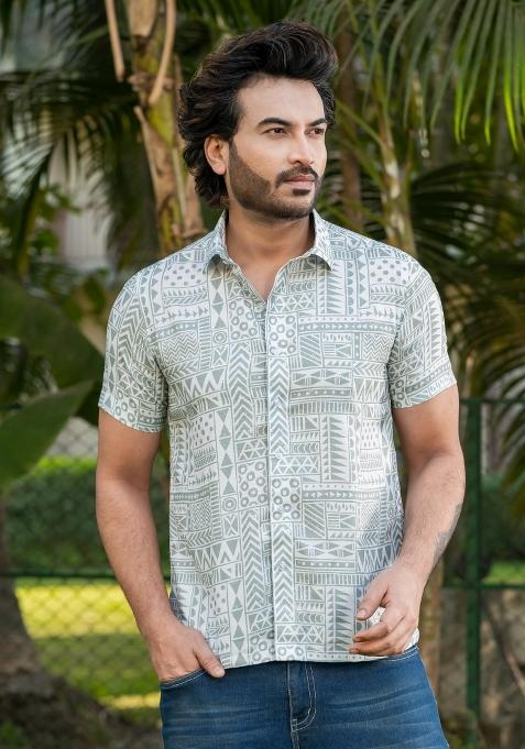 Green Geometric Rayon Shirt For Men