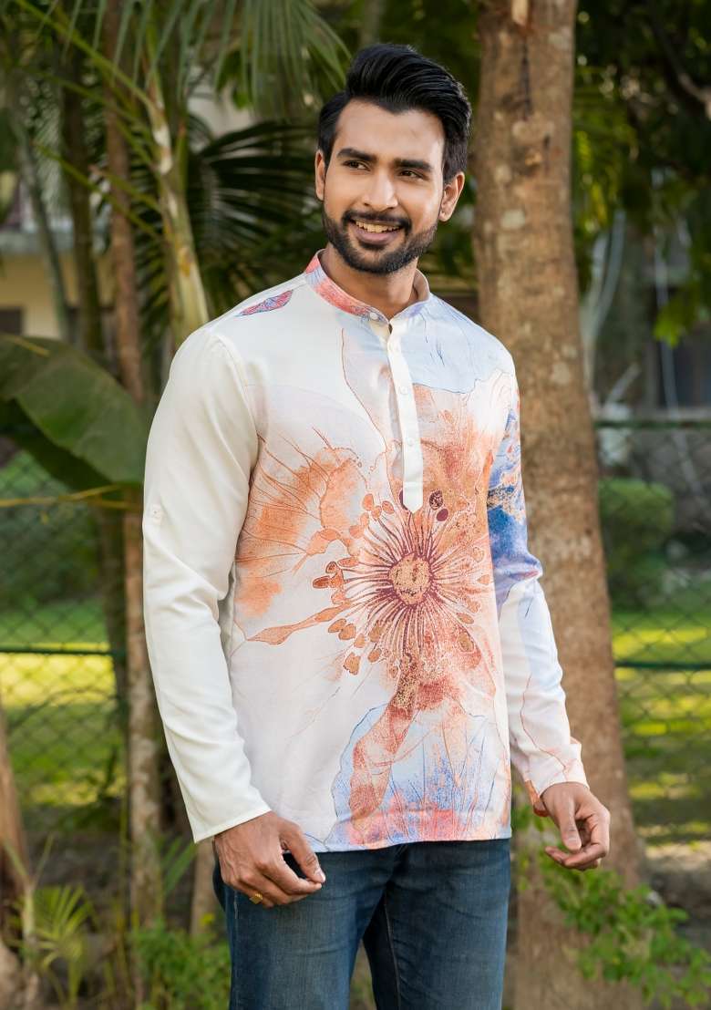 Cream Floral Print Rayon Short Kurta For Men - Indya