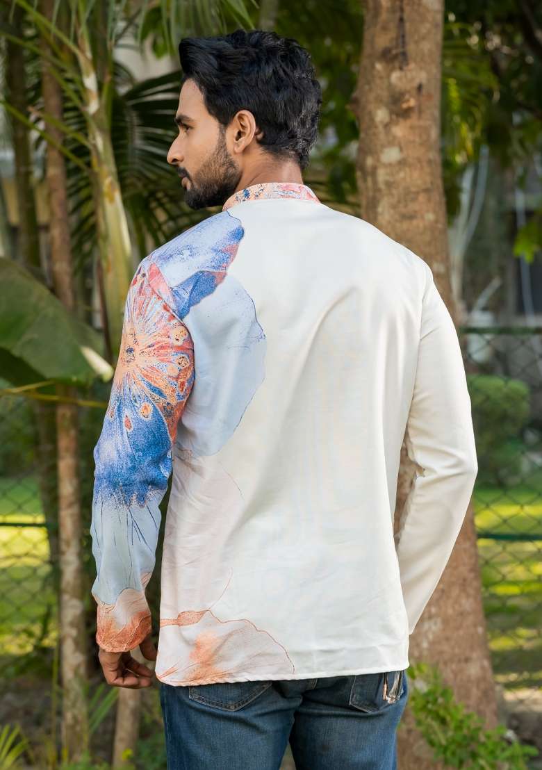 Cream Floral Print Rayon Short Kurta For Men - Indya