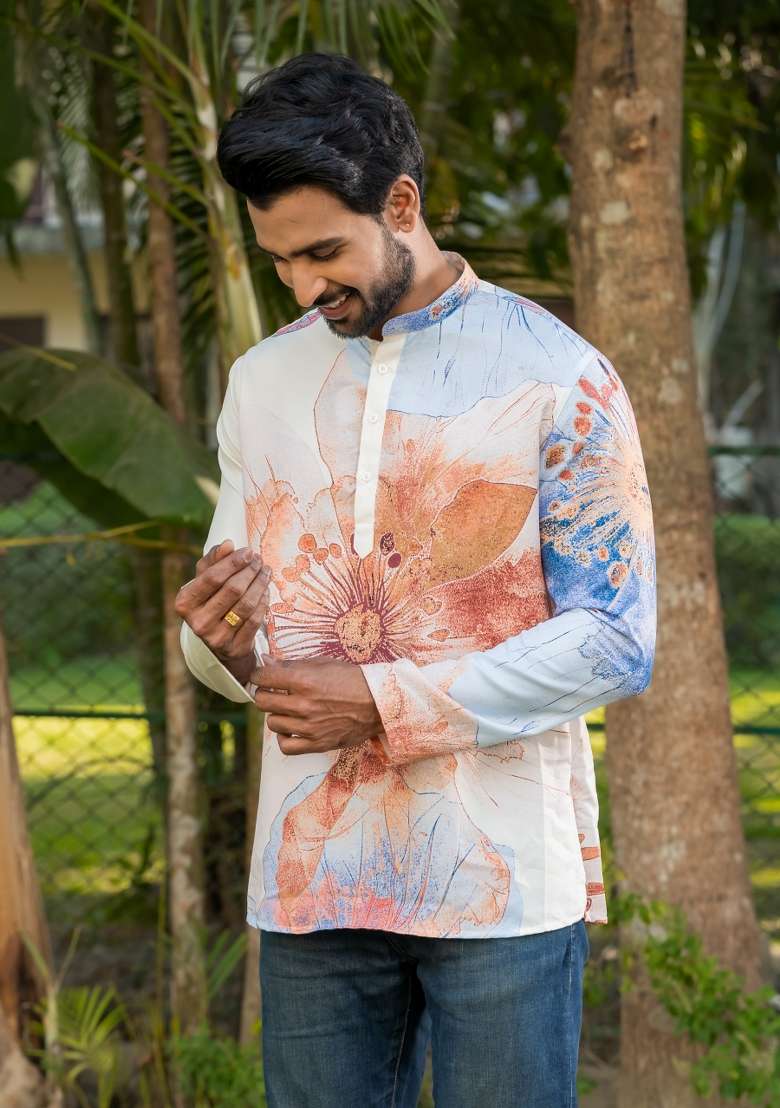 Cream Floral Print Rayon Short Kurta For Men - Indya