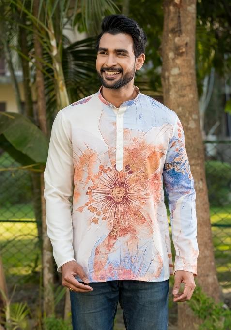 Cream Floral Print Rayon Short Kurta For Men