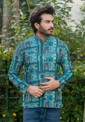 Green Printed Rayon Short Kurta For Men