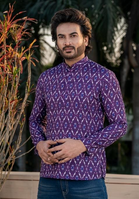 Purple Zigzag Rayon Short Kurta For Men