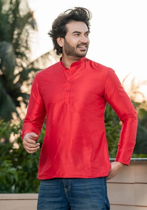 Red Solid Rayon Short Kurta For Men
