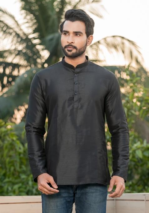 Olive Solid Rayon Short Kurta For Men