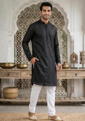 Black Embroidery Bangalorian Kurta For Men