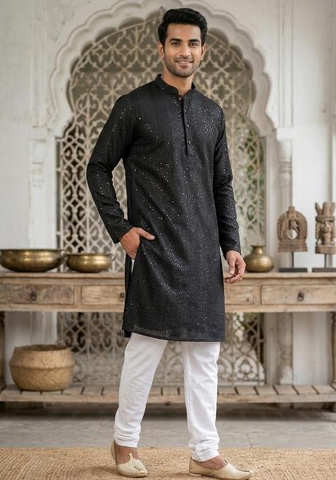 Black Embroidery Bangalorian Kurta Dhoti Set For Men