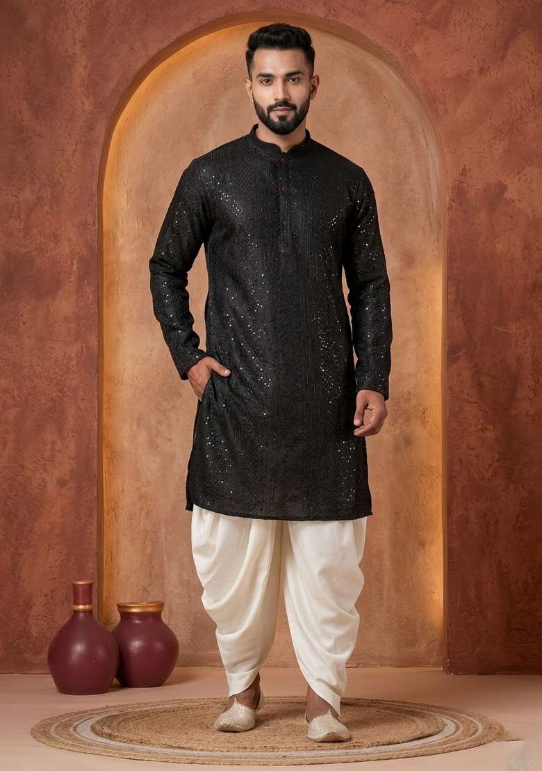 Black Embroidery Bangalorian Kurta Pyjama Set For Men - Indya