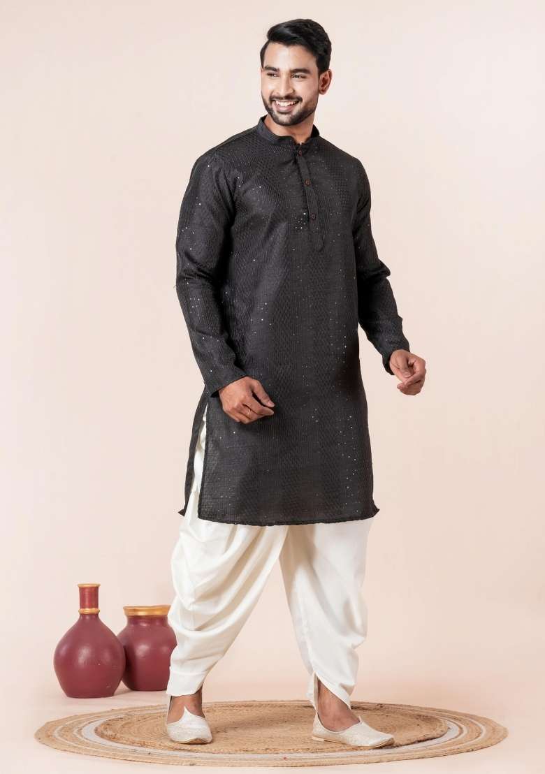 Black Embroidery Bangalorian Kurta Pyjama Set For Men - Indya