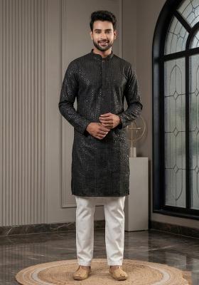 Black Embroidery Bangalorian Kurta Pyjama Set For Men