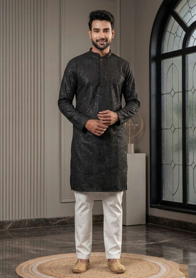 Black Embroidery Bangalorian Kurta Pyjama Set For Men - Indya