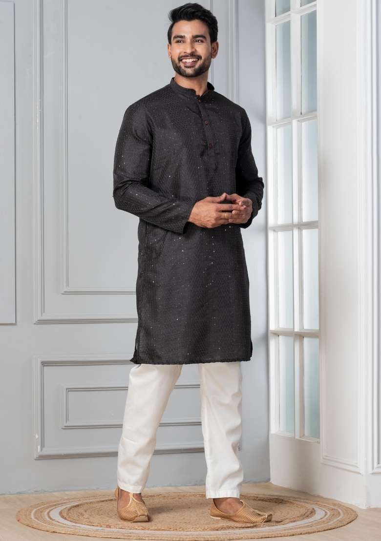 Black Embroidery Bangalorian Kurta Pyjama Set For Men - Indya