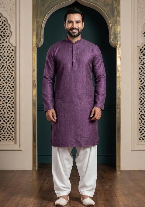 Purple Embroidery Bangalorian Kurta Dhoti Set For Men