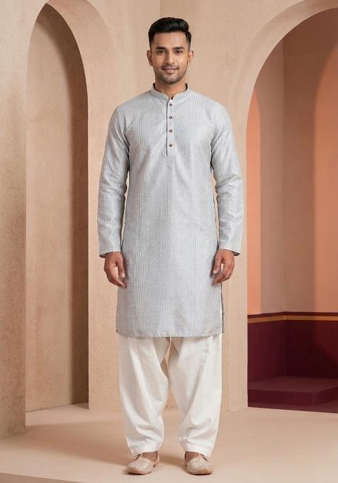 Grey Embroidery Bangalorian Kurta Dhoti Set For Men