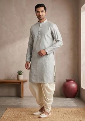 Grey Embroidery Bangalorian Kurta Pyjama Set For Men